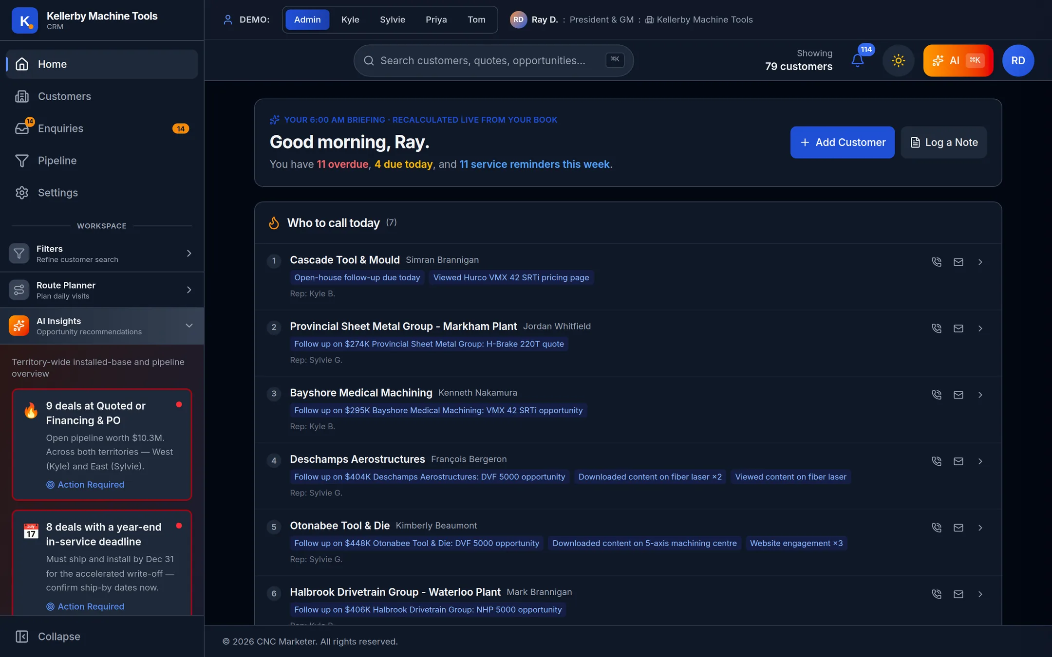 Dealer CRM home screen: the morning briefing and today's call list