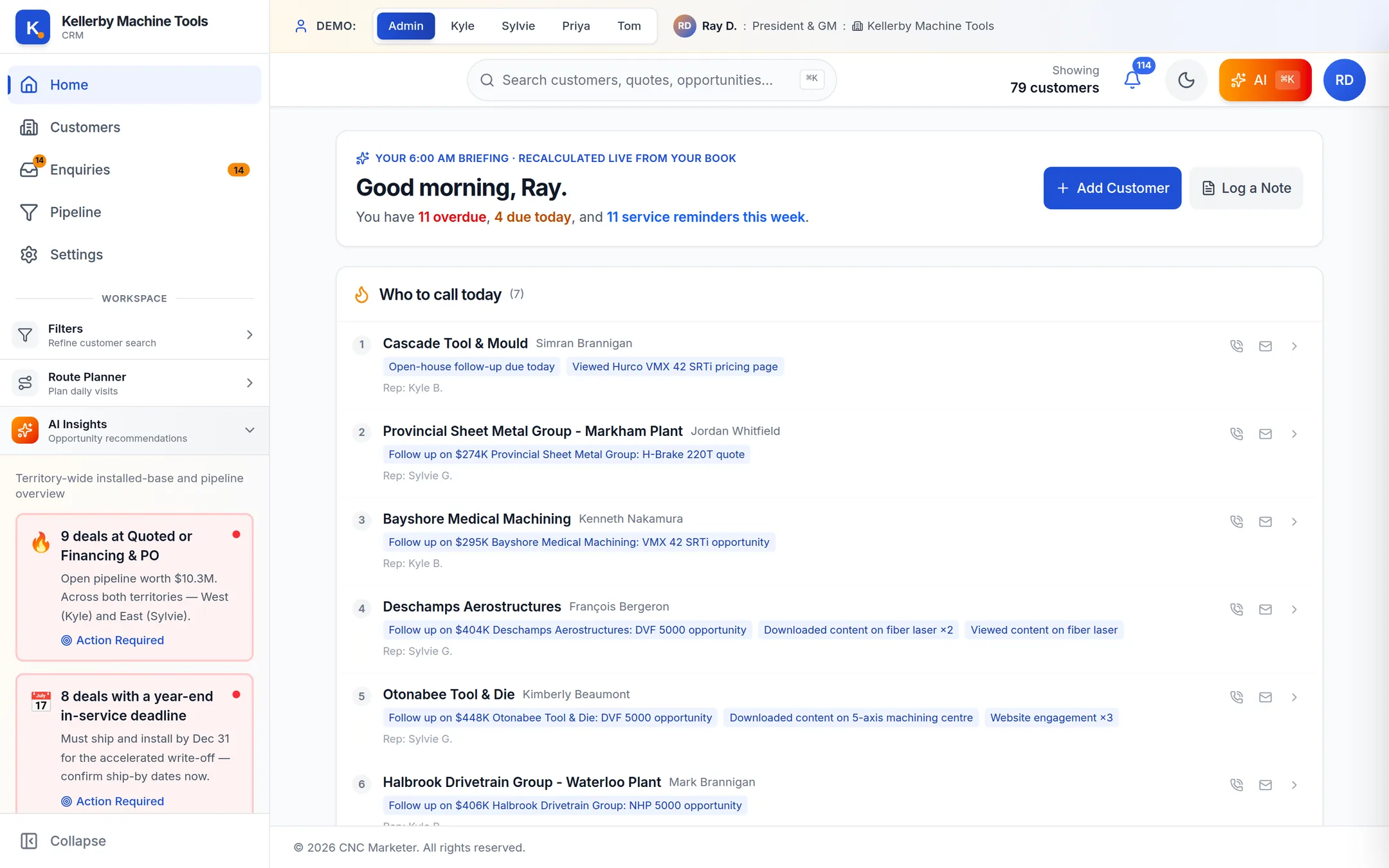 Dealer CRM home screen: the morning briefing and today's call list
