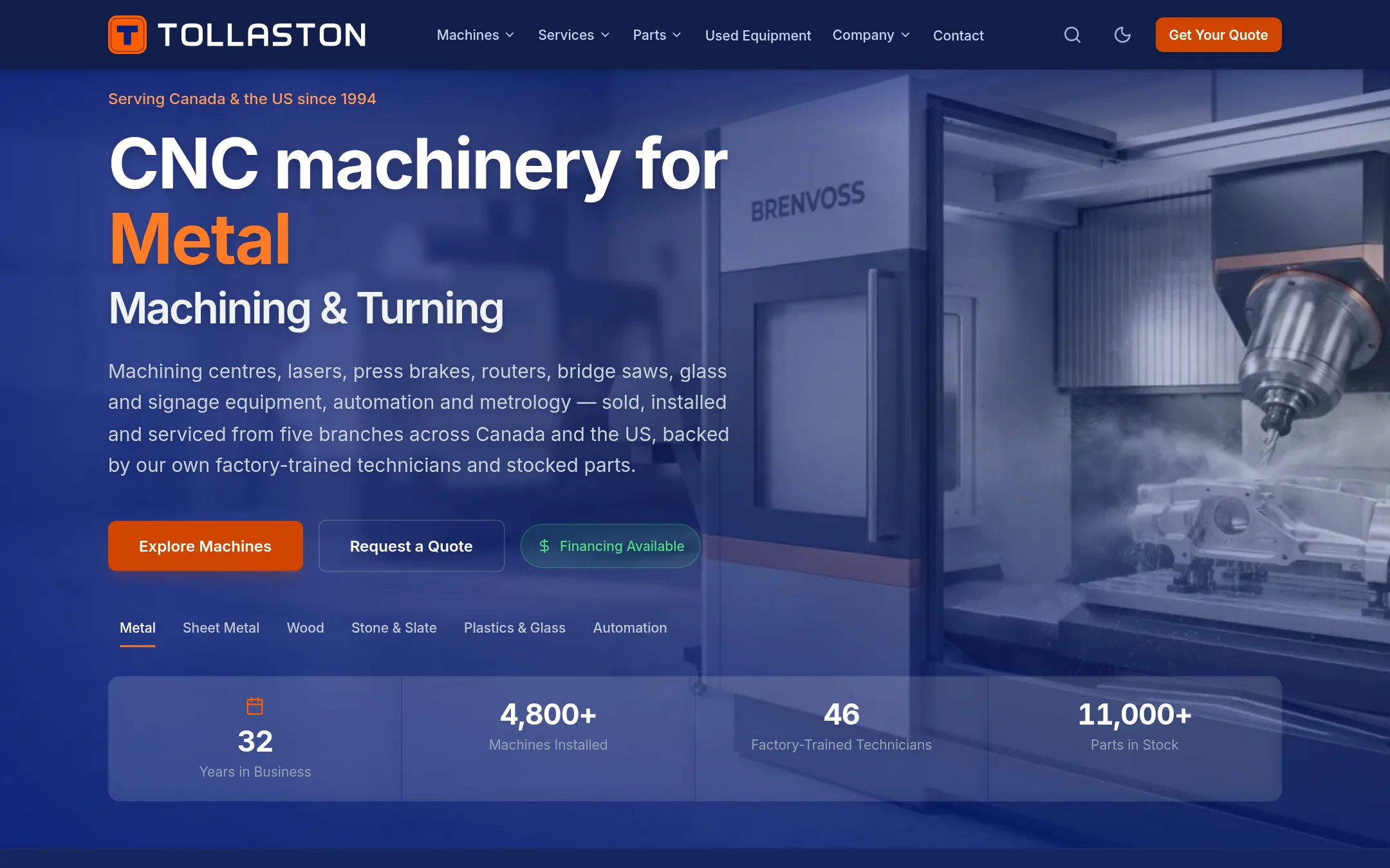 Home page of Tollaston Machinery, a fictional dealer, on the Dealer Website & Sales Platform