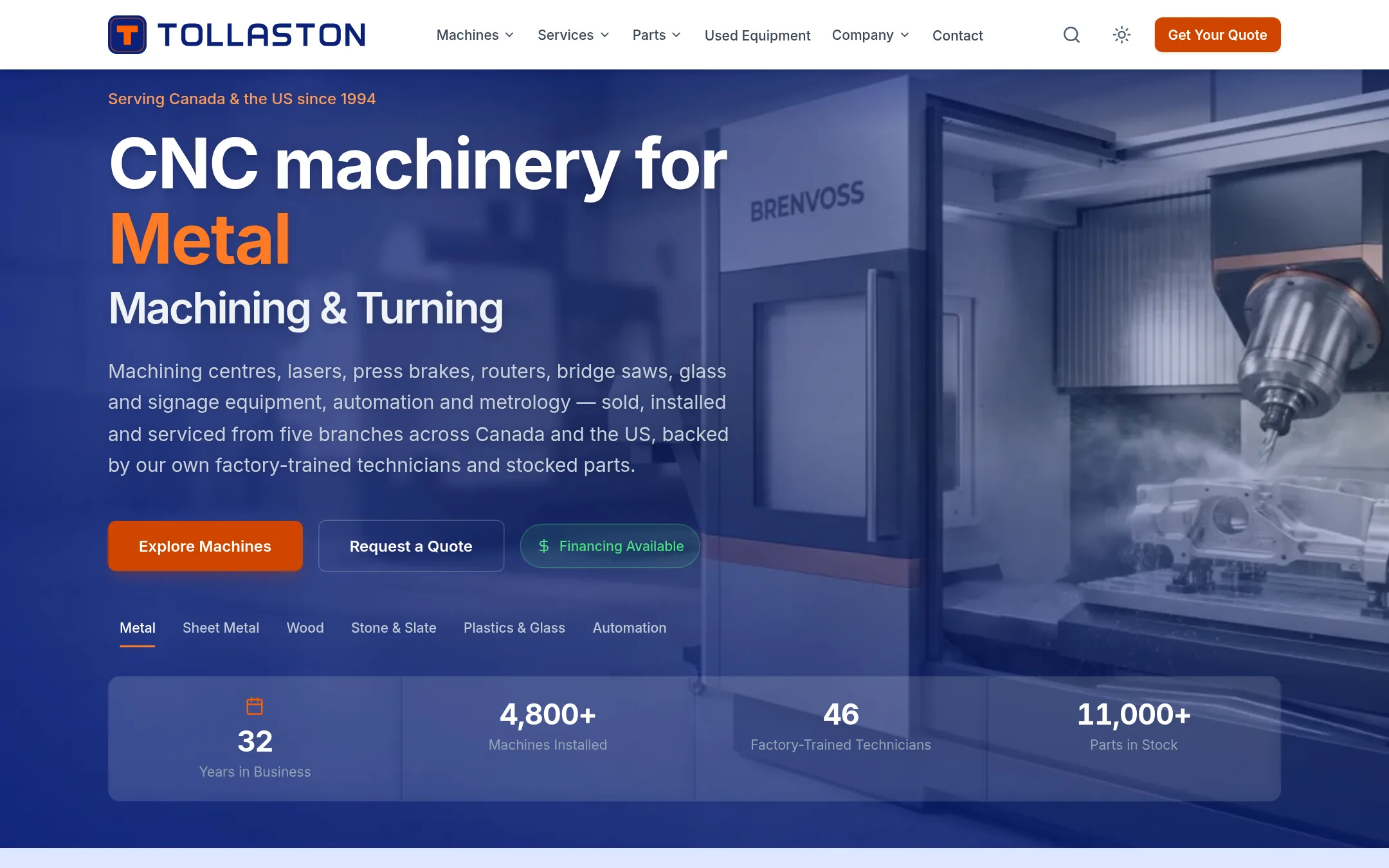 Home page of Tollaston Machinery, a fictional dealer, on the Dealer Website & Sales Platform